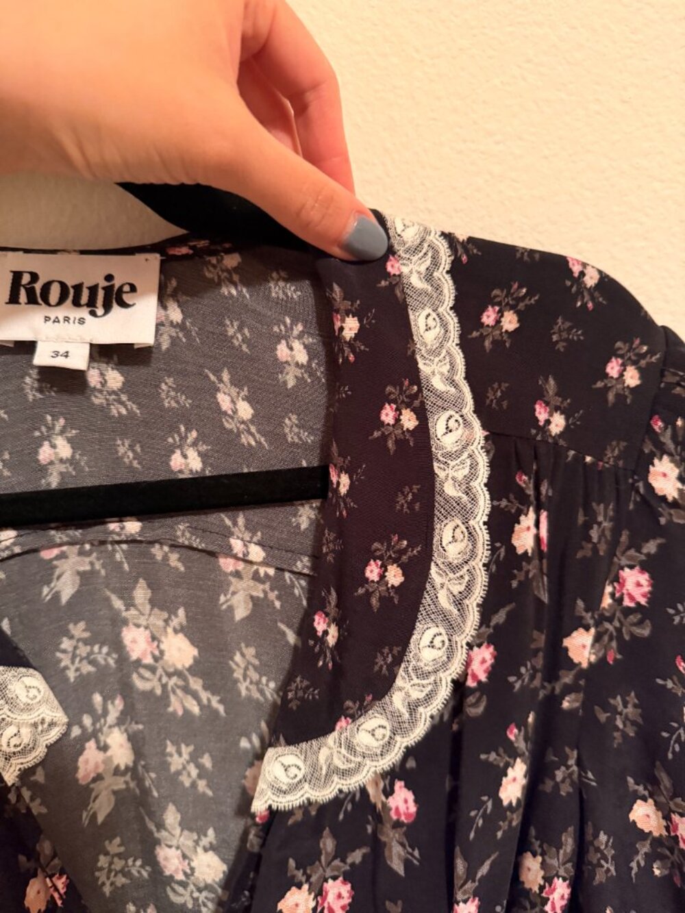 Rouje Paris Daniel Dress Black Floral Lace Collar Wrap Midi Sz 34 - Picture 4 of 7